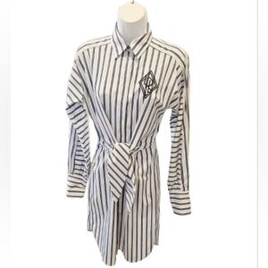 Lauren Ralph Lauren Broadcloth Blue White Striped Shirt Dress Tie Front